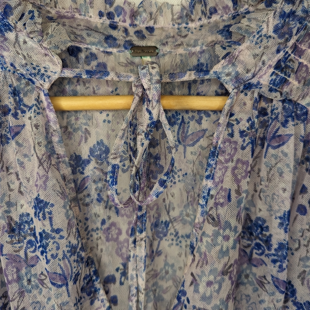 Free People Twyla Floral Lilac Long Sleeve Shirt Size Large Boho Cuffed Tie - Picture 8 of 12